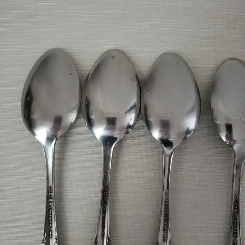 Columbia Stainless Japan 7 Dinner Spoons Flower Tip Beaded Edge Silverware VTG